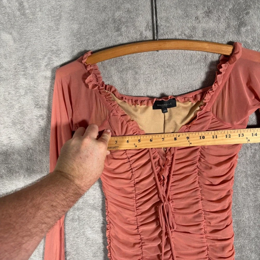 Majorelle Mini Jardin Dress Size S Pink‎ Ruched Mesh Lace Up Long Sleeve Bodycon - Picture 11 of 14